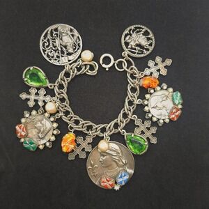 Vintage ART Bracelet Charm Cross Medallion Heraldic Medieval Revival Statement